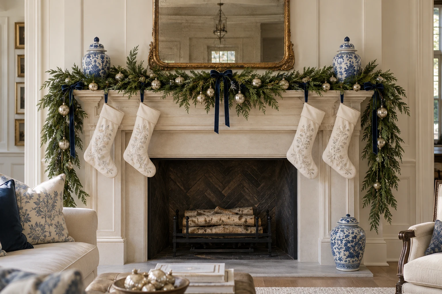 Blue, white & evergreen Christmas decorating inspiration