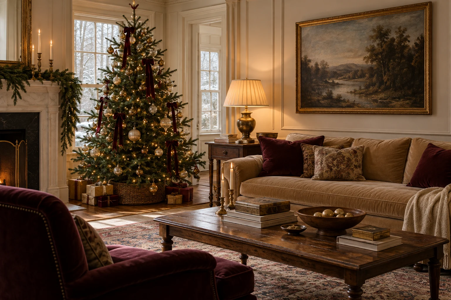 Burgundy velvet & warm wood Christmas decorating inspiration