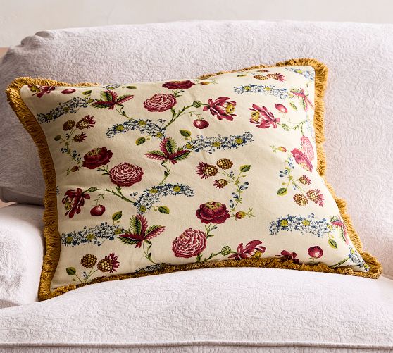 Floral Printed Pillow Cover with Cotton Fringe from GreenRow