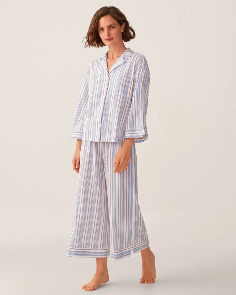 The Olivia Wide Leg Lightweight Pima Pajama Set in Vintage French Stripes from Petite Plume